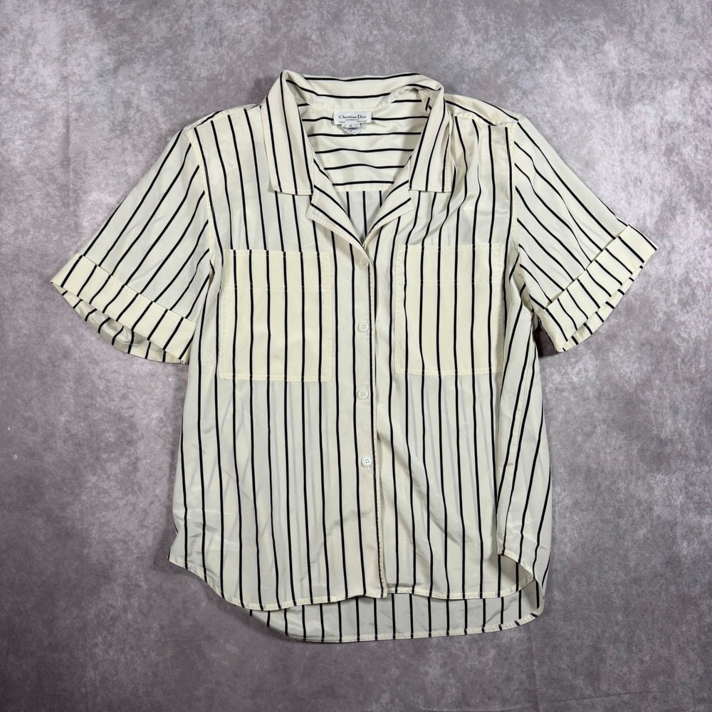 Christian Dior Separates Striped Short Sleeve Button Up Blouse Cream 12 Vintage